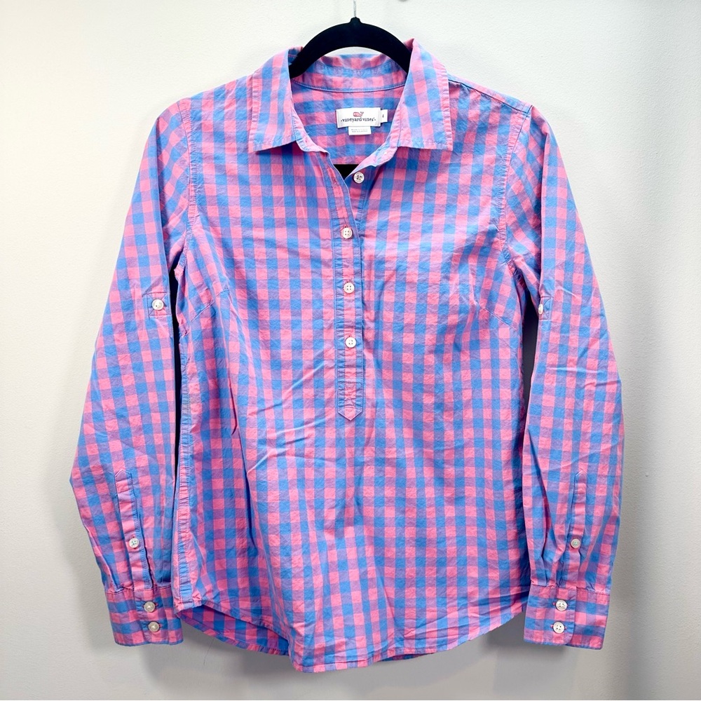 Women’s Vineyard Vines Blyden Blue & Pink Gingham Button Down Tunic Top, 4